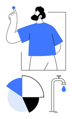 Person gesturing with thoughtful expression near pie chart and faucet with dripping water. Ideal for analytics, decision-making, sustainability, focus, resource management, environmental awareness
