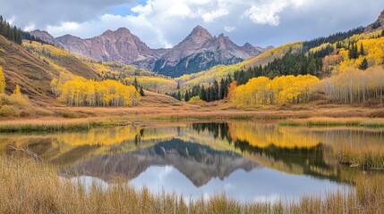 Fototapeta premium Scenic lake surrounded by vibrant autumn trees reflecting in calm water during fall