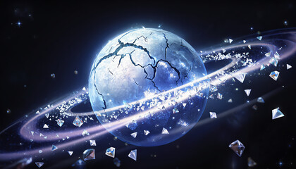 A dreamy 3D render of a crystal-cracked planet with soft glowing surface textures