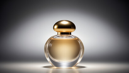 Realistic photograph of a complete perfume bottle with golden cap, isolated on white background, focused lighting