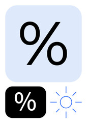 Large percentage sign in light square, smaller dark block, sun-thumbs up brightness icon. Ideal for finance, discounts, savings, interest rates, energy efficiency, calculation promotion concepts