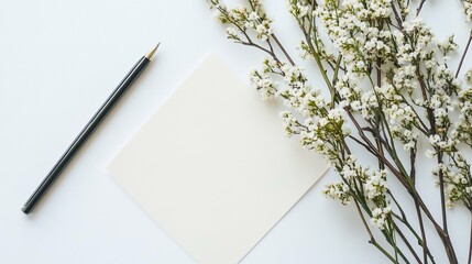 Minimalist Stationery with White Flowers Pen and Blank Card ideal for company blog post visuals