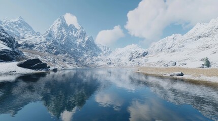 Serene mountain reflection in a still alpine lake, surrounded by towering peaks