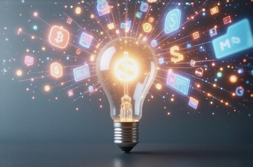 Illuminated light bulb radiates digital icons, representing bright ideas and technology concepts.