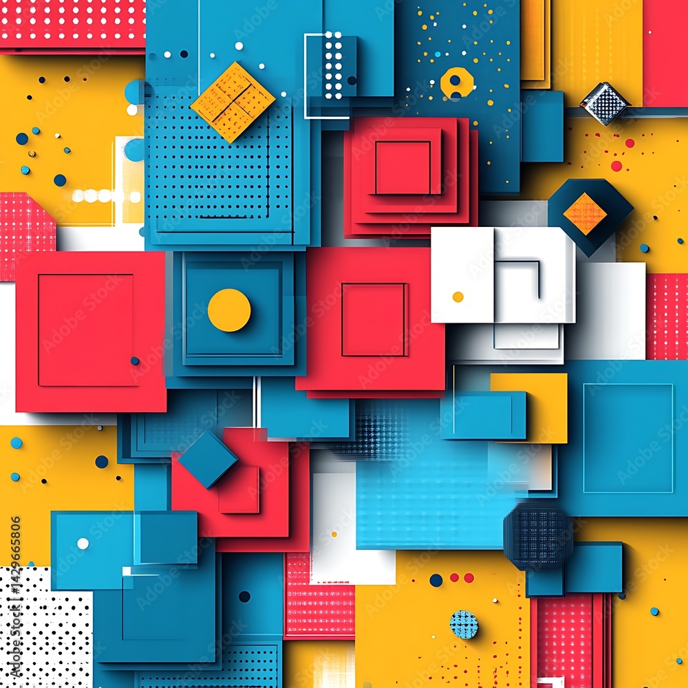 Poster colorful, abstract geometric shapes arranged in a layered composition. a vibrant display of squares,