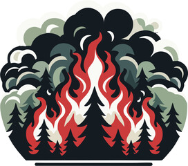 Stylized Vector Illustration of Forest Wildfire with Dense Smoke and Reflections