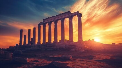 Fototapeta premium Sunset behind ancient ruins on a hill with glowing sky and shadows in stone
