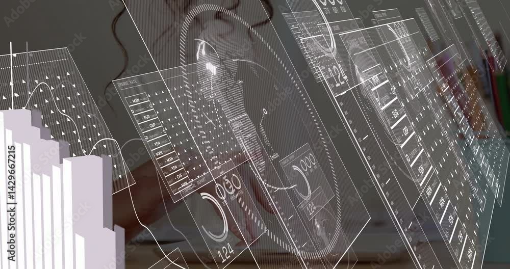Poster hand typing on laptop while hud panels displaying bar charts and world map floating in analytics