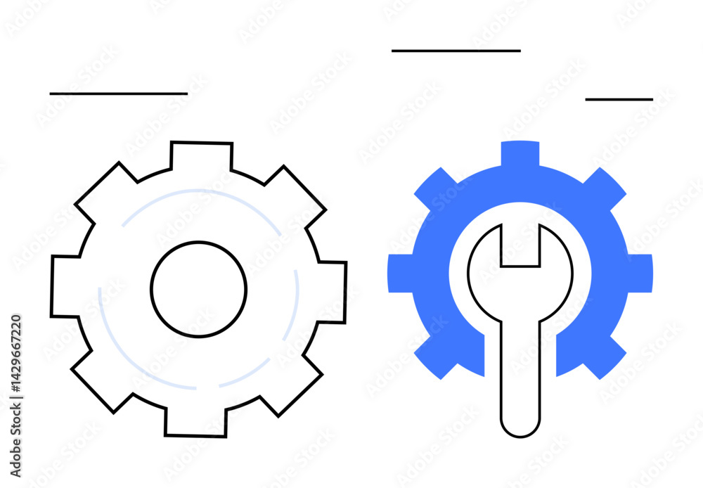 Poster two cogs, one plain and the other with a wrench symbol, representing configuration, repair, developm
