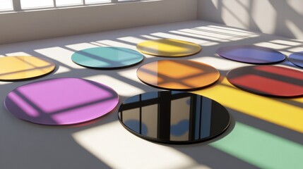 Colorful circular objects arranged on a light-toned floor.