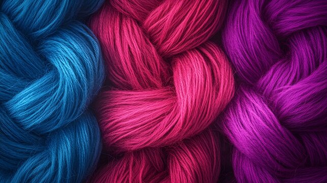 Close-up view of vibrant braided yarn in three hues.