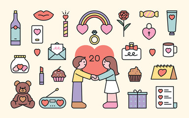 Flat design illustration of Coming-of-Age Day celebration with 20 year old couple and icons like rose, gift, ring, bear, cupcake, perfume, and love-themed items.
