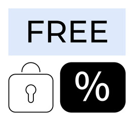 Bold Free text paired with a lock icon and percentage block symbolizes free offers, security, promotions, savings, discounts, secure access, marketing, and cost-effective flat simple metaphor