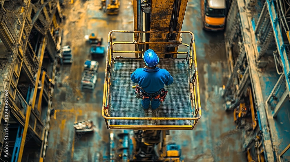 Poster high-angle view of a worker in a suspended platform at a factory complex.