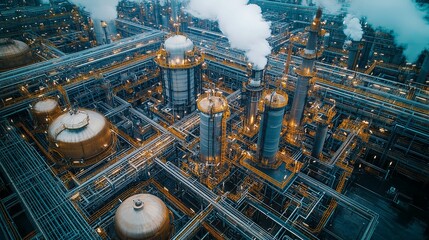 Extensive network of industrial chemical processing plants viewed from above.