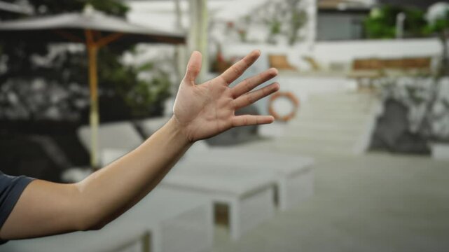 Man making hand gestures by a pool at a resort, counting with fingers and showing thumb up against a blurred outdoor background, suggesting leisure and approval in a tropical setting.