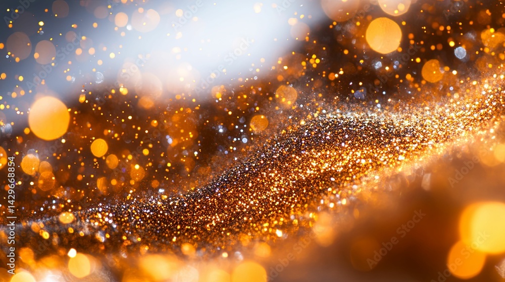 Poster abstract shimmering golden bokeh effect with dark background.