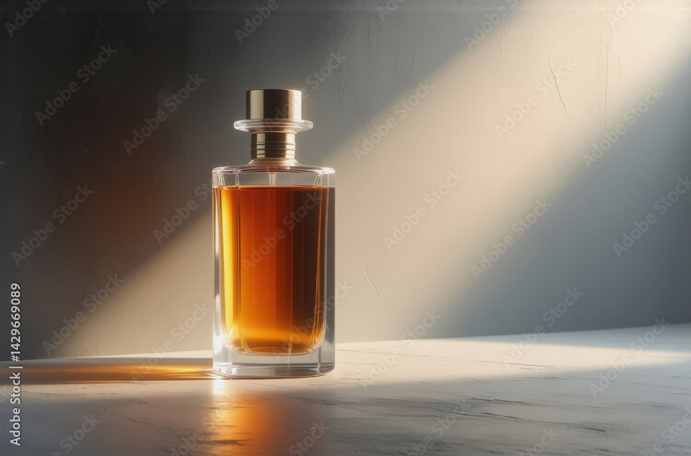 Poster a rectangular glass bottle of amber liquid sits on a light surface, bathed in sunlight streaming fro