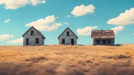 3 abandoned houses in the middle of a wheat field
