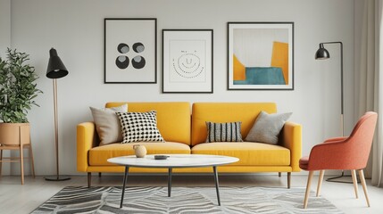 Modern Living Room with Yellow Sofa and Artwork perfect for internal communications graphics