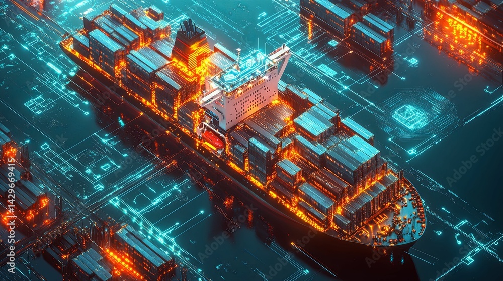 Poster digitalized cargo ship navigating a complex network of interconnected technology.