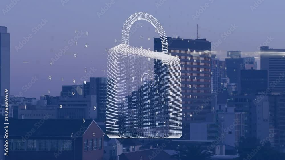 Aufkleber 3d wireframe padlock floating above dusk cityscape, highlighting glowing alphanumeric characters