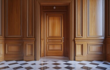 Obraz premium Elegant hallway with wooden paneling and classic door