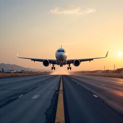 Passenger plane lands at the airport on the runway 