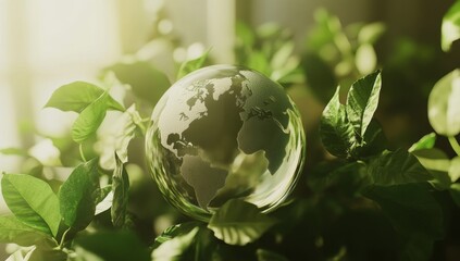 Crystal globe earth surrounded by lush greenery, bathed in sunlight