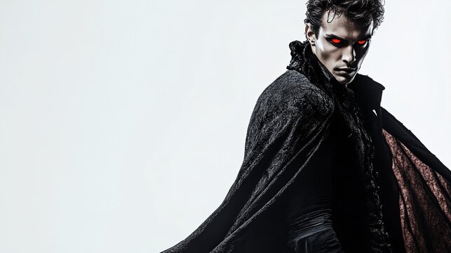 Mysterious man in black cape with red eyes.
