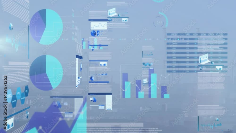 Poster digital dashboard overlay showing pie charts, bar graphs and data tables over foggy city skyline