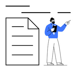 Man wearing glasses and holding a notebook presenting next to a large document outline. Ideal for education, training, analysis, planning, communication, strategy, and creativity. Flat simple
