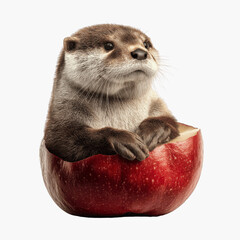 Fototapeta premium Adorable Otter in a Red Apple A Whimsical Stock Image