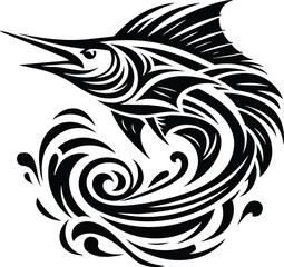 Obraz premium Leaping marlin silhouette with tribal art patterns in modern style