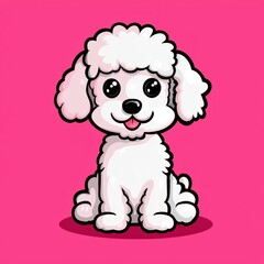 Cartoon illustration of a white poodle sitting upright with front paws together on a pink background