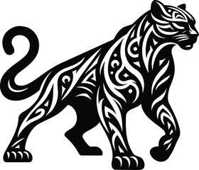 Prowling panther silhouette with tribal art patterns