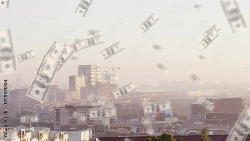 Poster Translucent dollar bills floating across hazy skyline in 3D render, showing cranes and highway loop