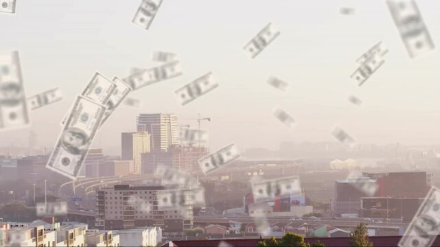 Translucent dollar bills floating across hazy skyline in 3D render, showing cranes and highway loop