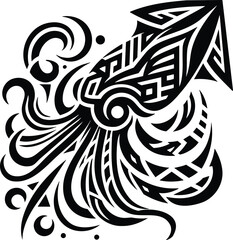 Tribal squid silhouette with geometric patterns in bold vector art
