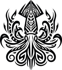 Tribal Squid Silhouette with Geometric Patterns in Bold Art Style