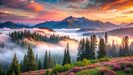 Majestic Sunrise Over Misty Mountain Peaks and Evergreen Forest with Blooming Wildflowers