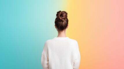 A woman with a bun on her head is looking at the camera