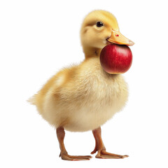 Adorable Yellow Duckling Holding a Red Apple
