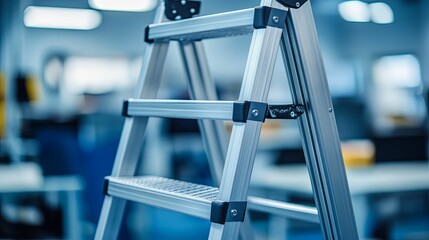 Metal folding ladder in a modern industrial setting.