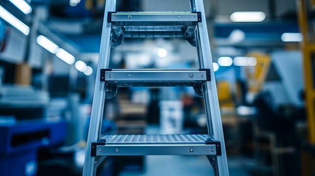Close-up of a metal stepladder within a busy industrial workspace.
