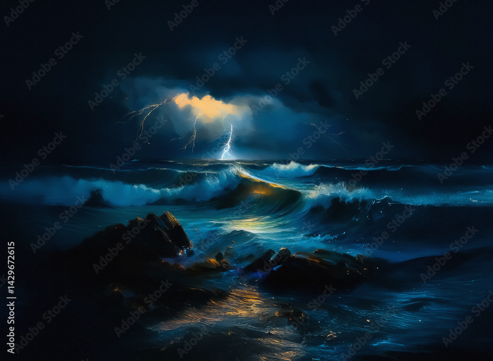 Aufkleber a dramatic seascape unfolds under a dark, stormy sky. jagged rocks meet crashing waves illuminated b
