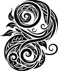 Tribal art vine tendril silhouette with geometric patterns