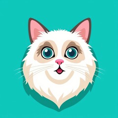 Fototapeta premium Cartoon illustration of a smiling white cat with blue eyes and light brown markings on a teal background