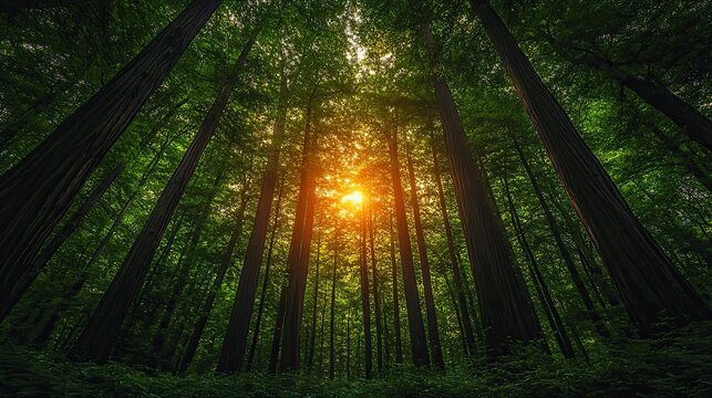 A dense redwood forest with towering ancient trees