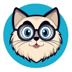 Fototapeta premium Whimsical illustration of a cat wearing black-rimmed glasses against a blue background